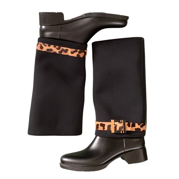 Loriblu Black Knee High Boots with Calf Skin Cheetah Print Buckle Detail Size 10 - Picture 1 of 11